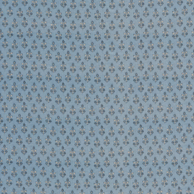 Muted blue linen-blend fabric with tiny navy and cream floral sprigs