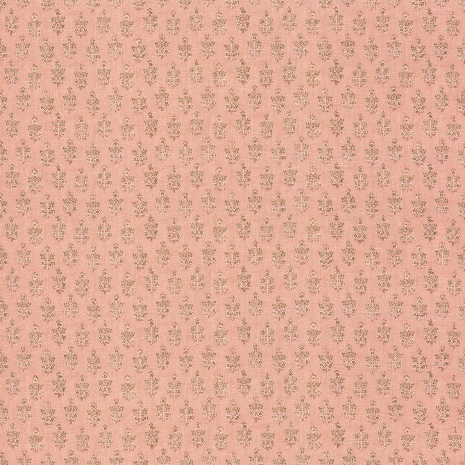 Warm blush-pink fabric with tiny muted olive-grey and cream floral sprigs