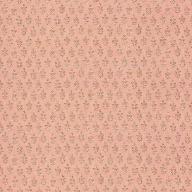Warm blush-pink fabric with tiny muted olive-grey and cream floral sprigs