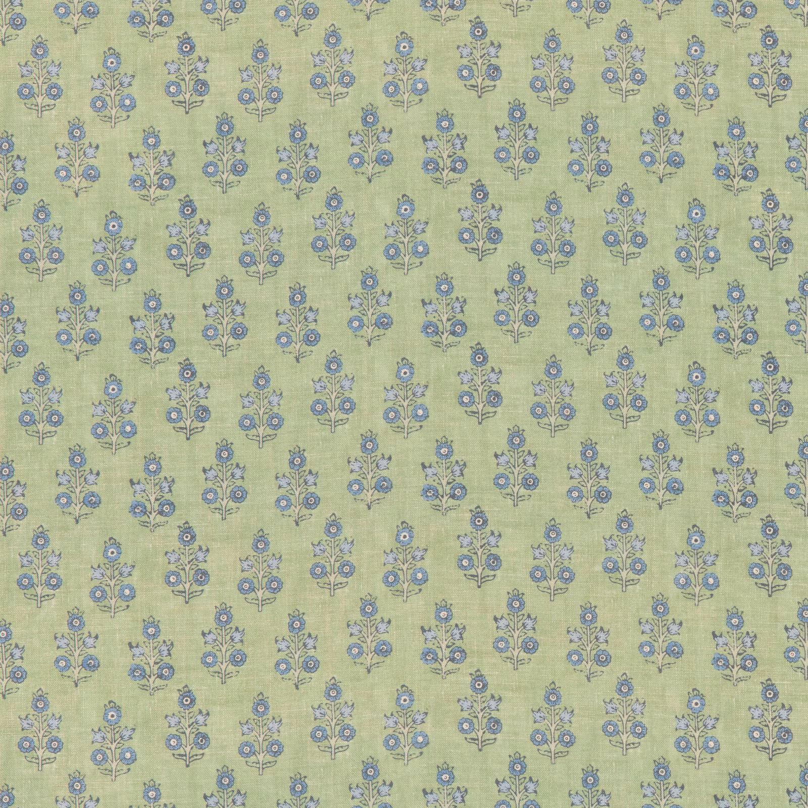Sage green textile with repeating blue floral sprigs and fine woven texture