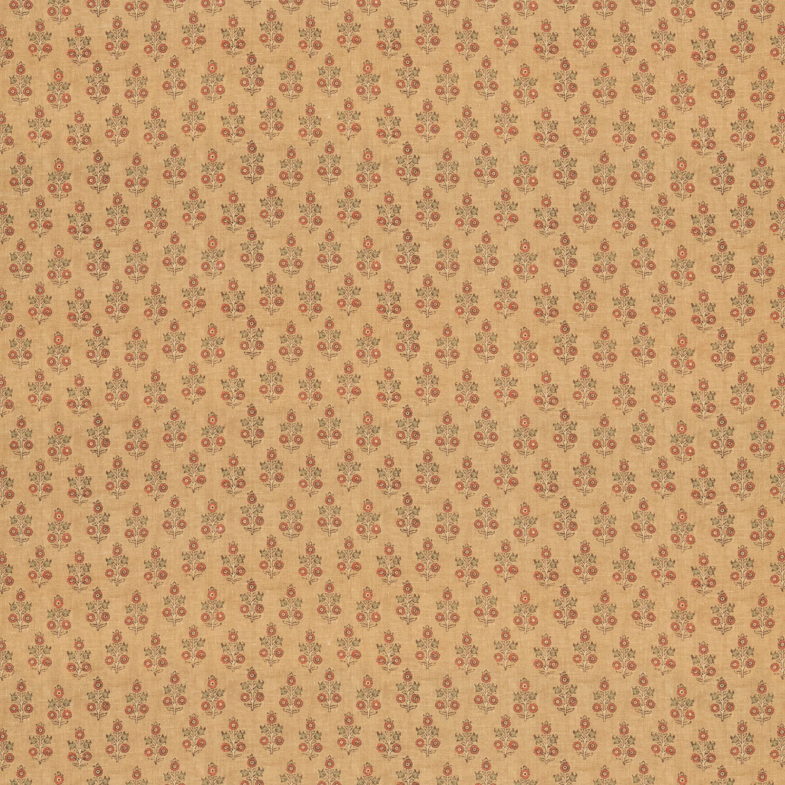 Ochre linen-blend fabric with tiny terracotta and olive floral sprigs