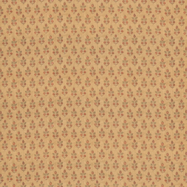 Ochre linen-blend fabric with tiny terracotta and olive floral sprigs