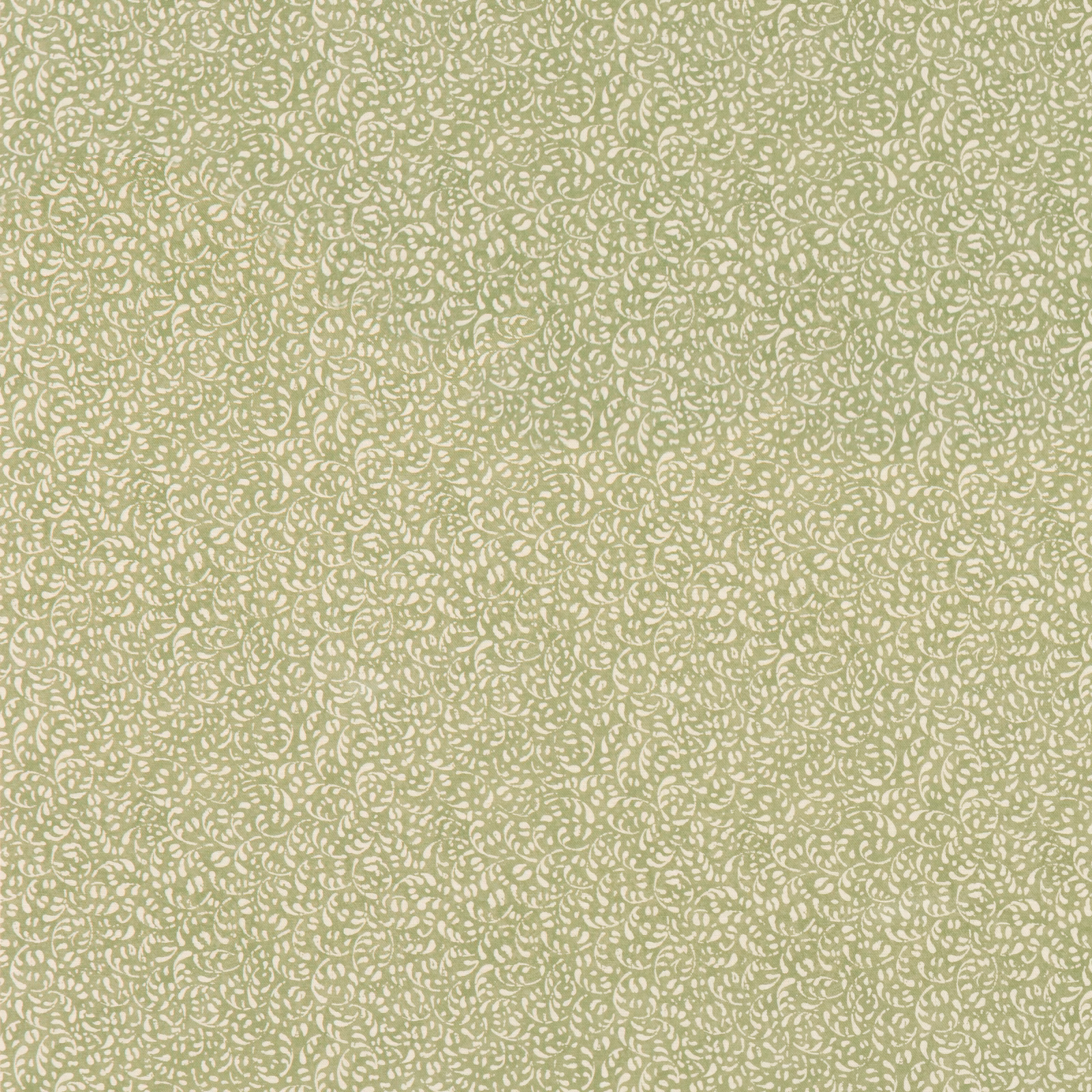 Soft sage cotton with dense cream curling marks in a small-scale print
