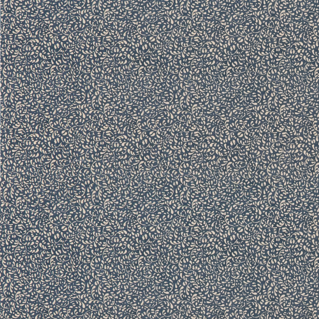 Deep indigo cotton with dense cream curling motifs in a small repeat