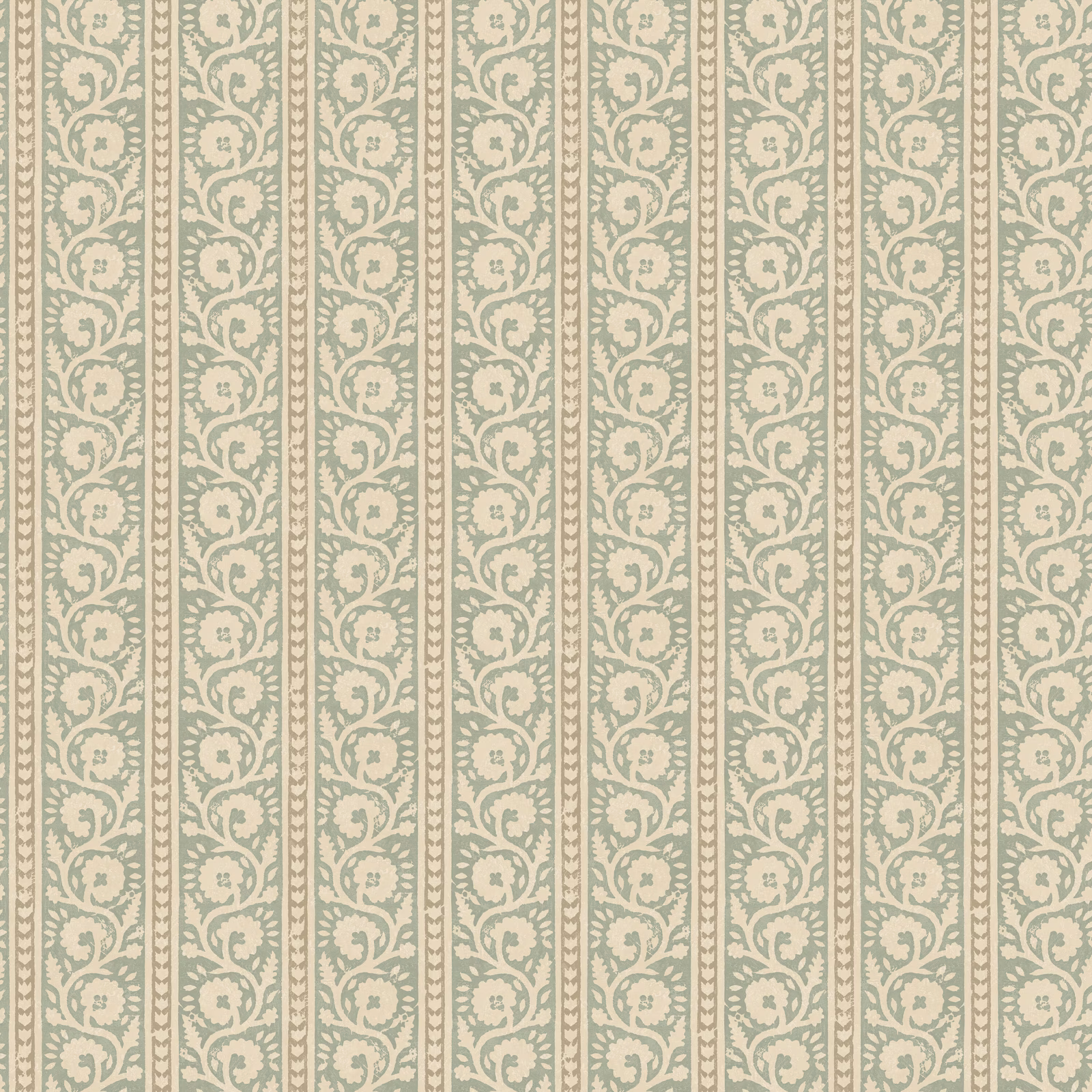 Muted aqua scrolling foliage in vertical stripes on an ivory wallpaper ground
