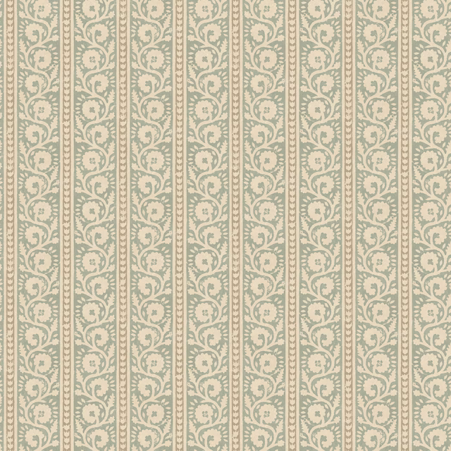 Muted aqua scrolling foliage in vertical stripes on an ivory wallpaper ground