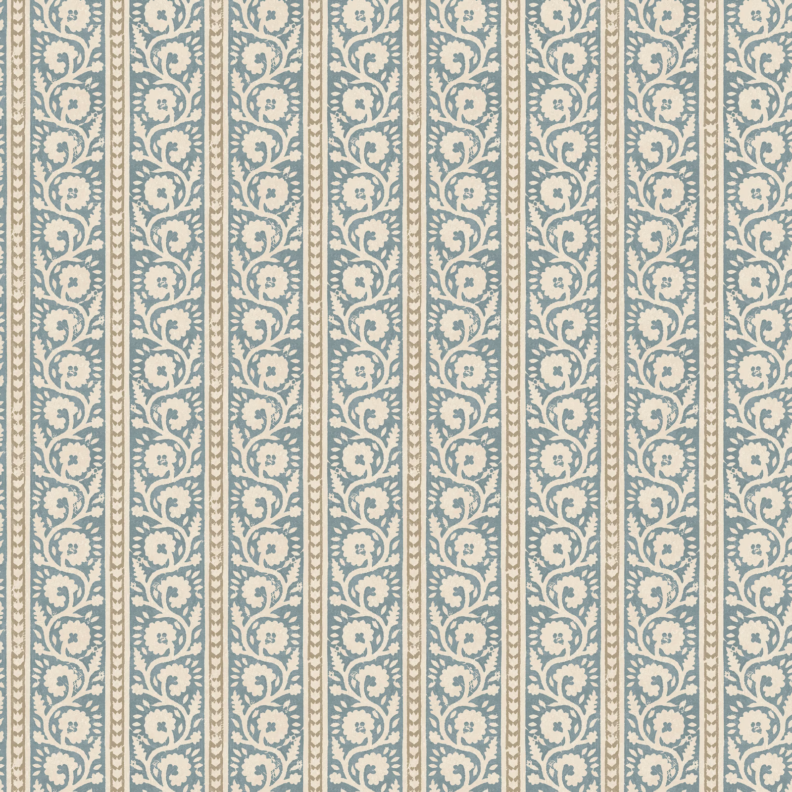 Muted blue-green wallpaper with cream scrolling vines in vertical ornamental stripes