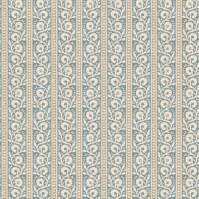 Muted blue-green wallpaper with cream scrolling vines in vertical ornamental stripes