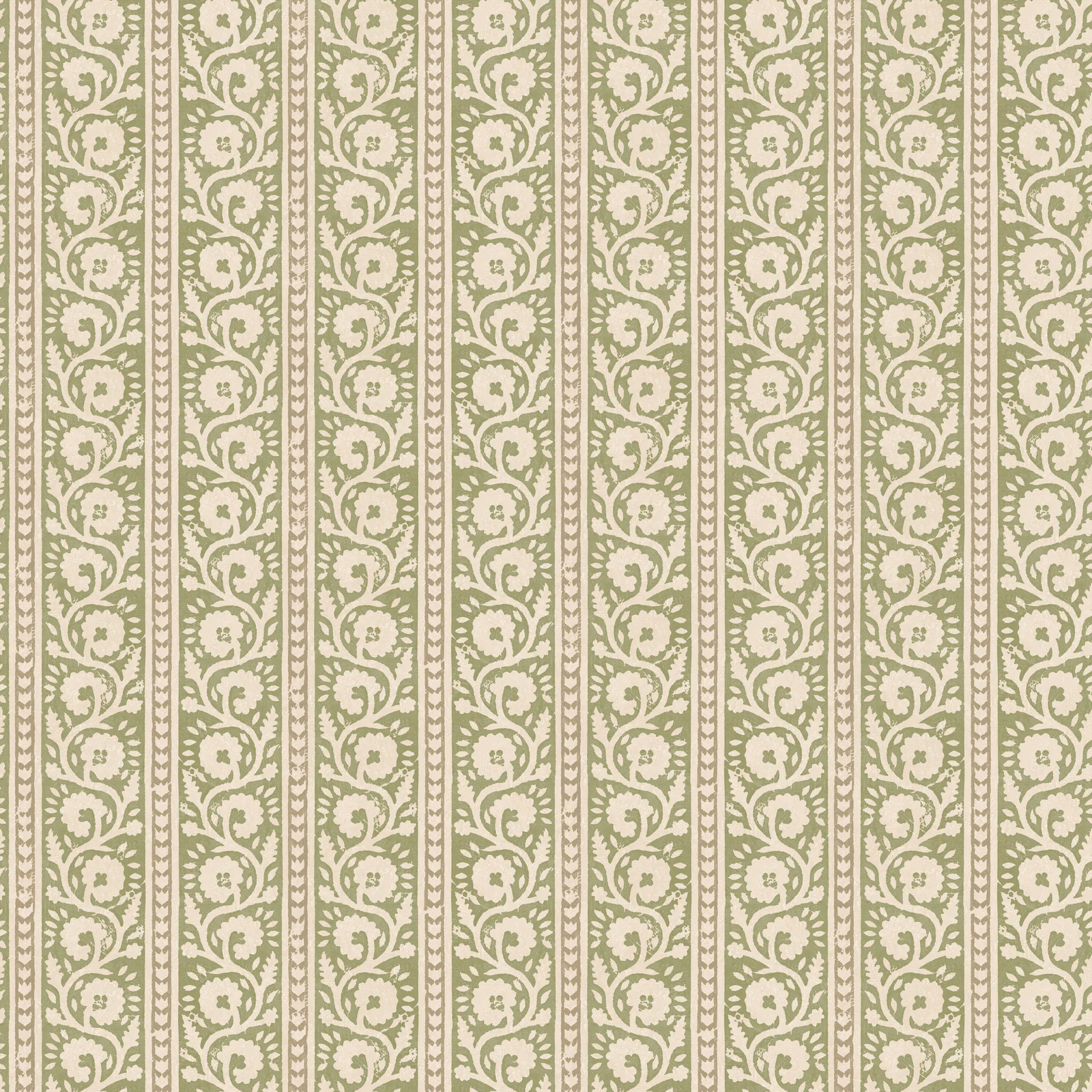 Muted sage-green wallpaper with cream scrolling foliage in narrow vertical stripes