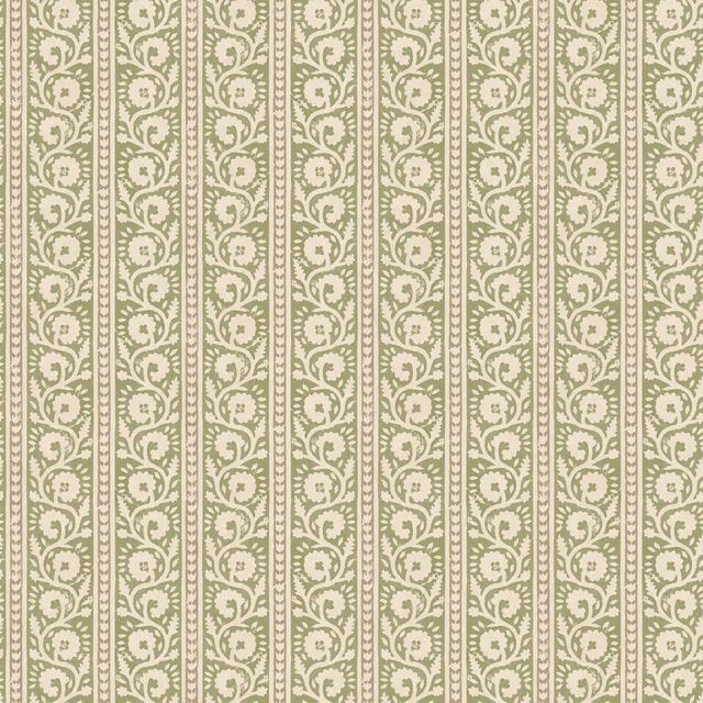 Muted sage-green wallpaper with cream scrolling foliage in narrow vertical stripes