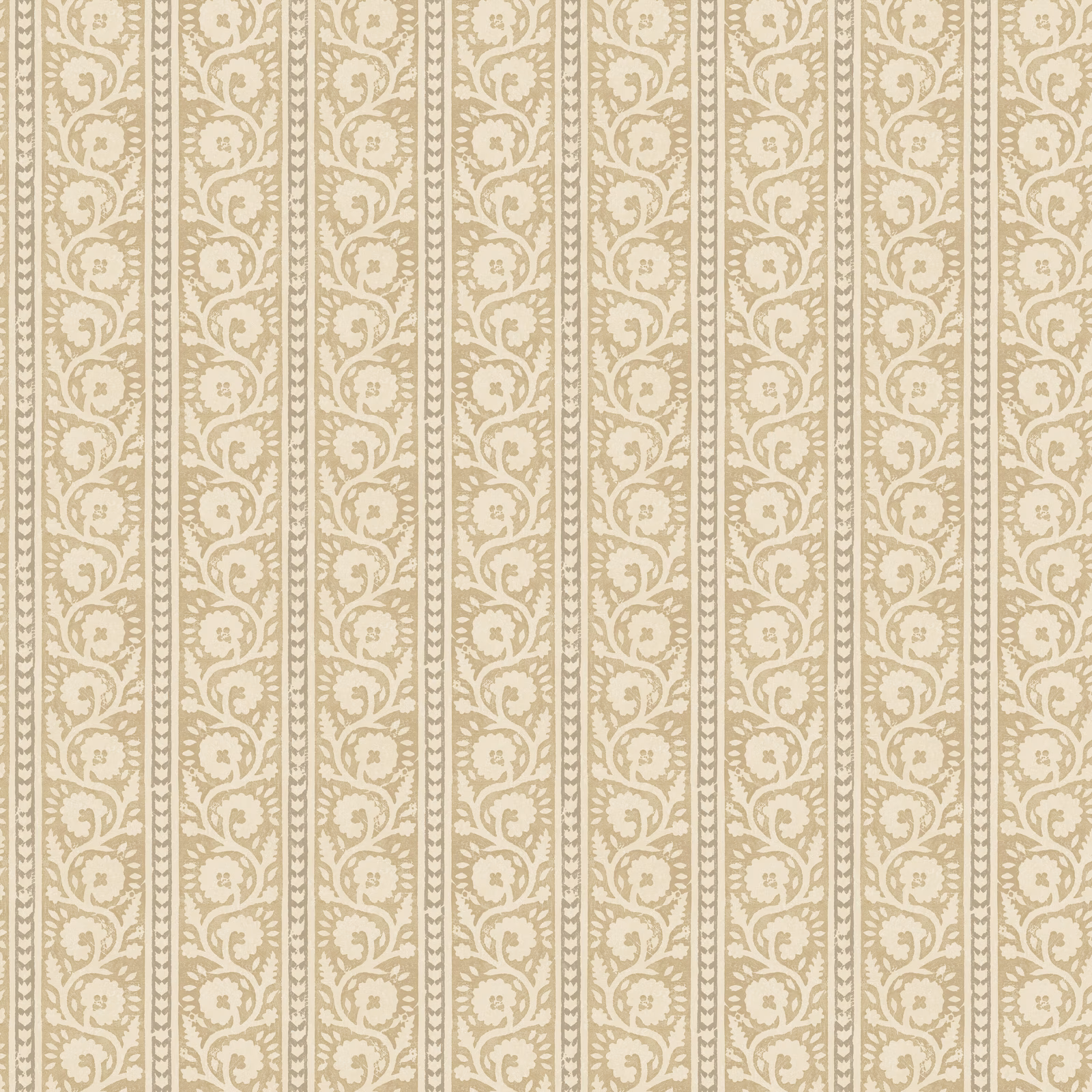 Warm parchment wallpaper with cream scrolling vines and narrow vertical ornamented stripes