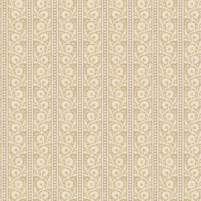 Warm parchment wallpaper with cream scrolling vines and narrow vertical ornamented stripes