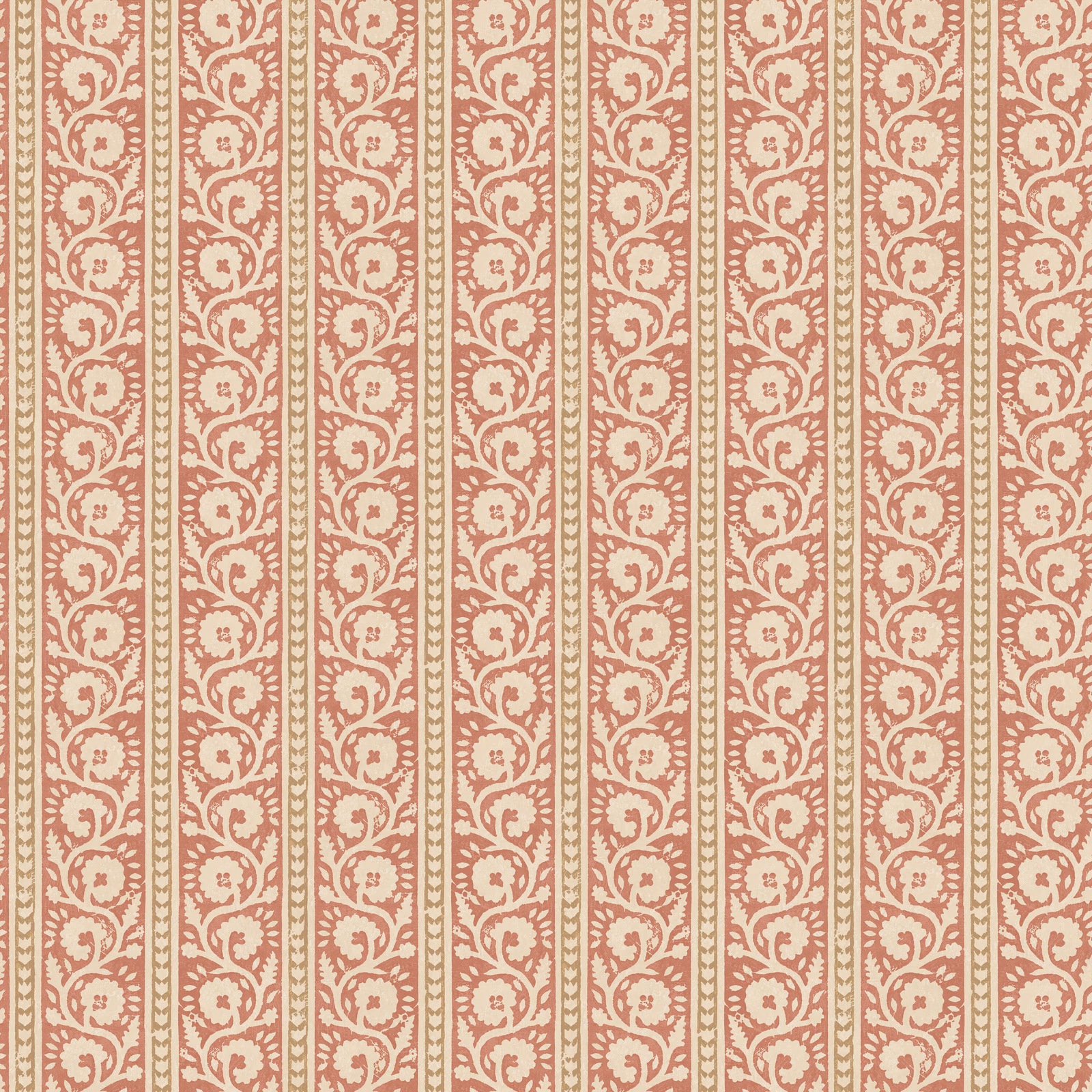 Muted red and sand scrolling floral stripes in a repeating vertical wallpaper design