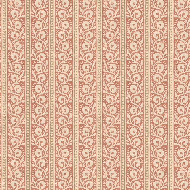 Muted red and sand scrolling floral stripes in a repeating vertical wallpaper design