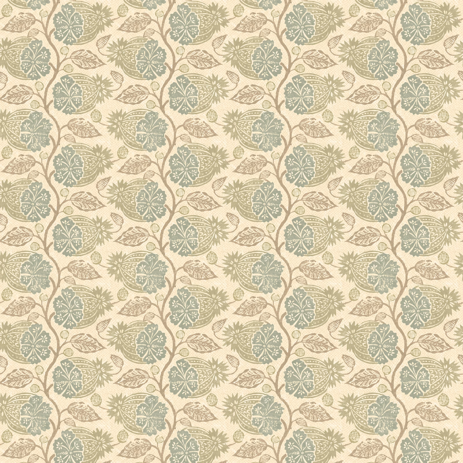 Muted aqua botanical sprigs and leafy medallions on a warm cream ground