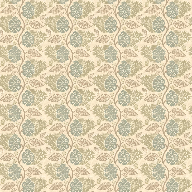 Muted aqua botanical sprigs and leafy medallions on a warm cream ground