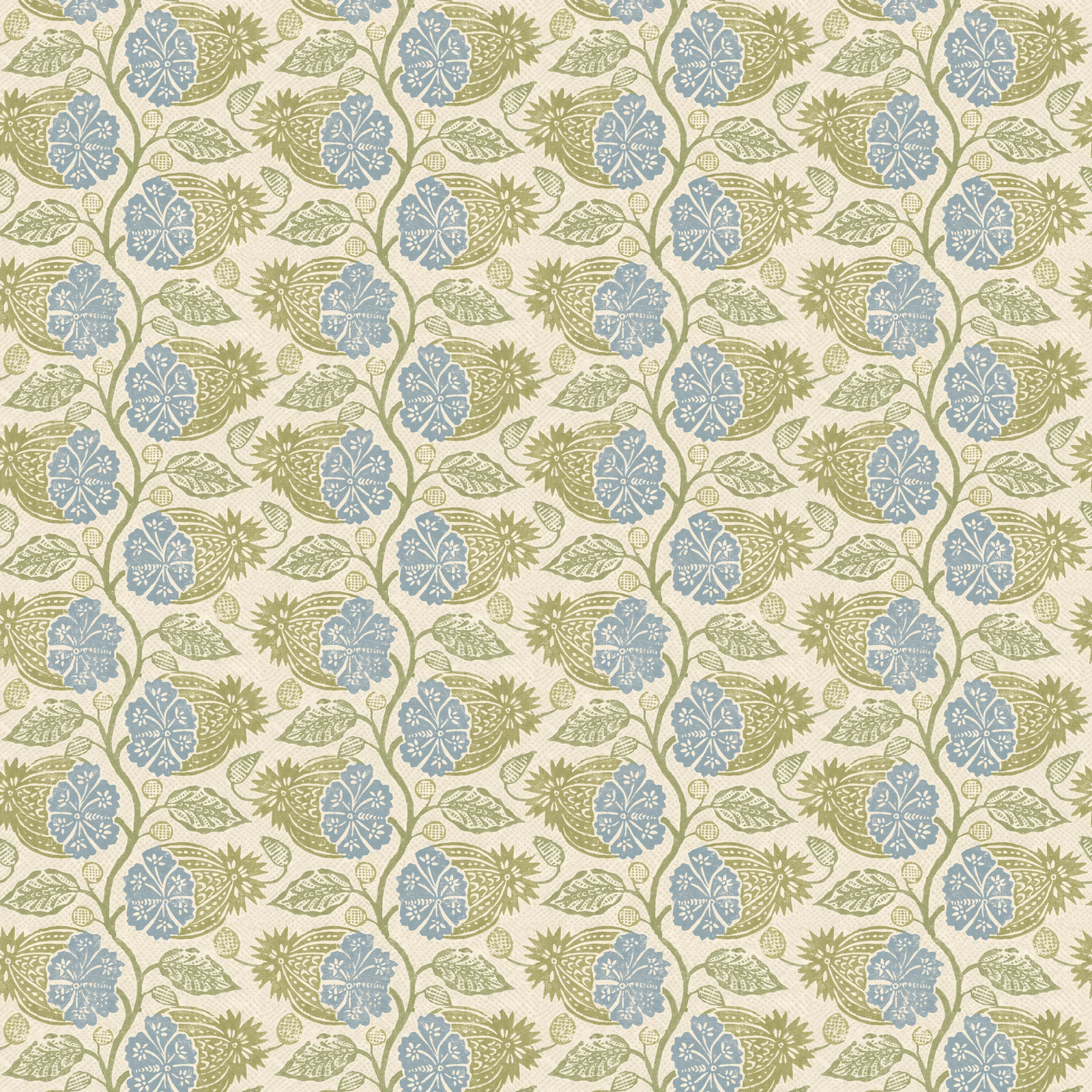 Cream botanical wallpaper with dusty blue flowers and muted sage-green leaves