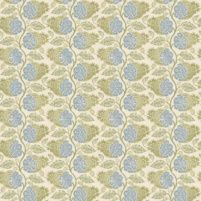 Cream botanical wallpaper with dusty blue flowers and muted sage-green leaves