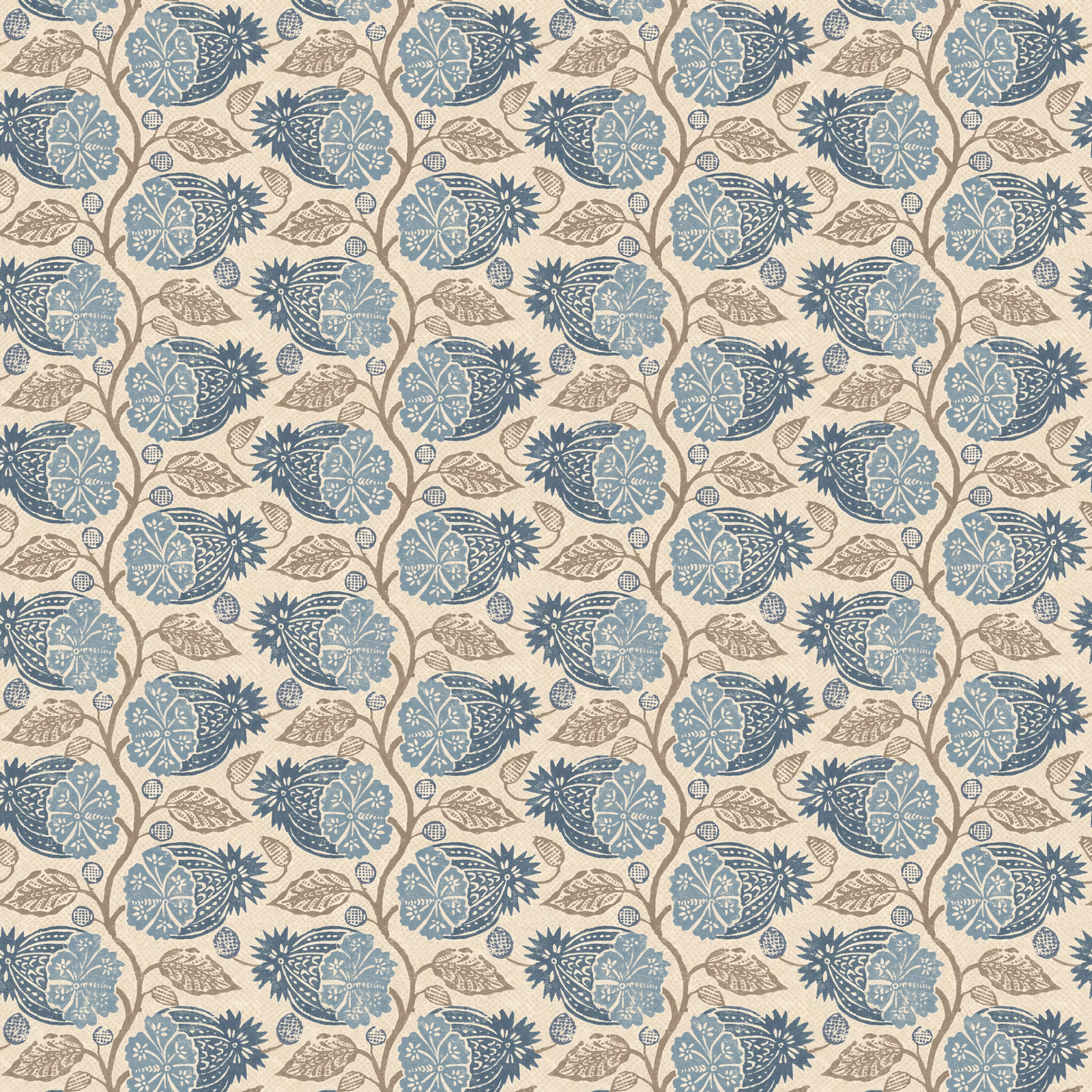 Muted indigo botanical wallpaper with tan leaves on a warm cream ground