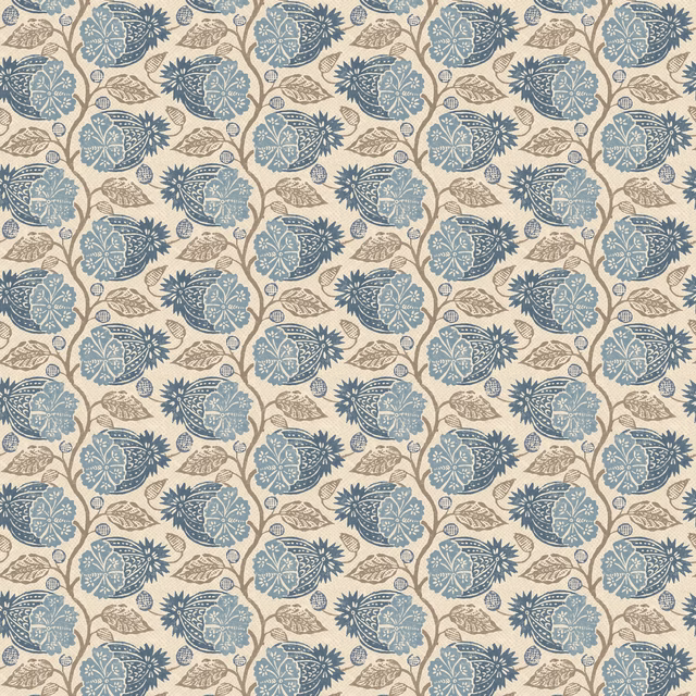 Muted indigo botanical wallpaper with tan leaves on a warm cream ground