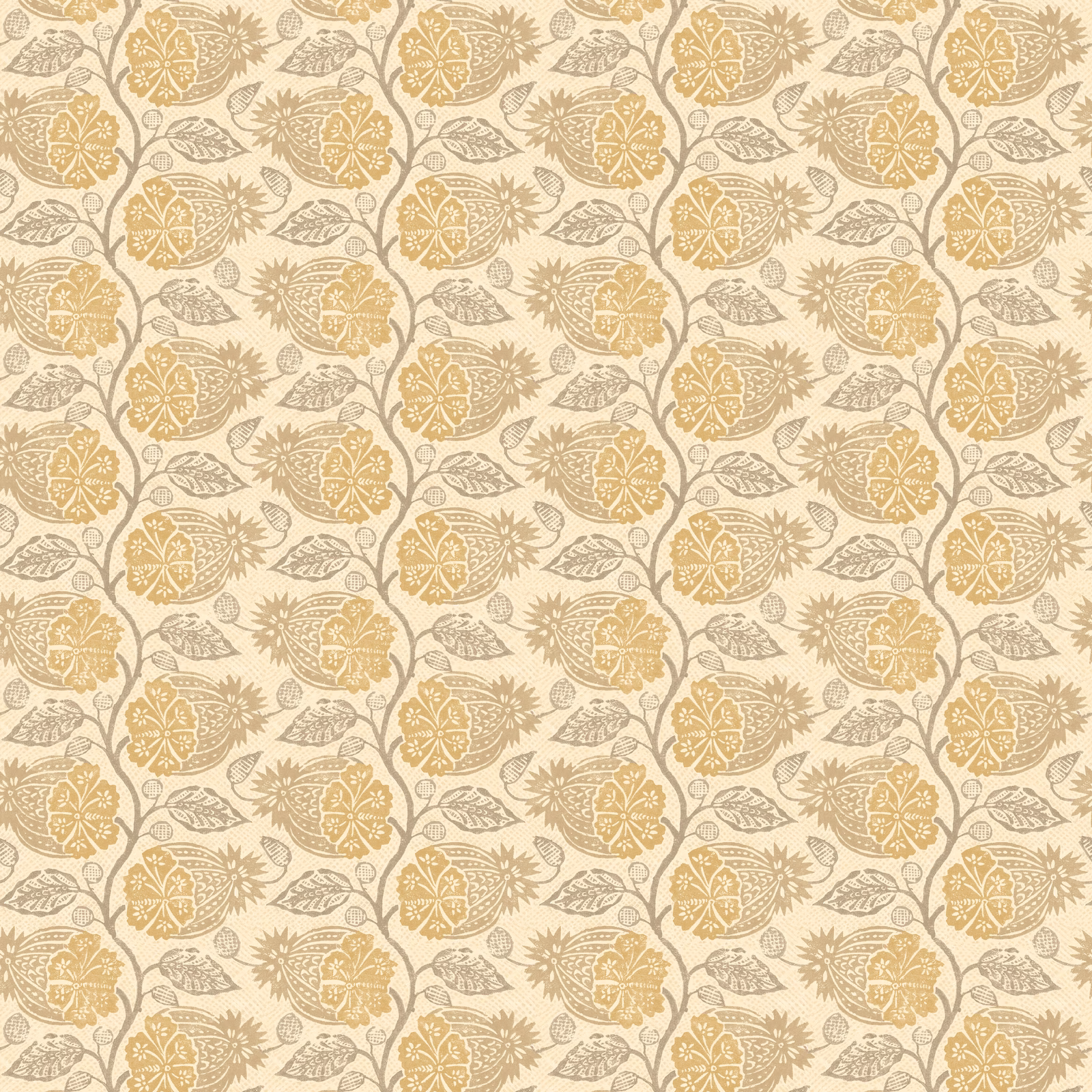 Cream wallpaper with ochre flower heads and taupe botanical stems in a repeating print