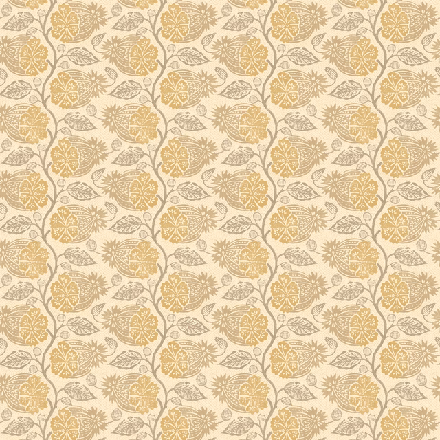 Cream wallpaper with ochre flower heads and taupe botanical stems in a repeating print