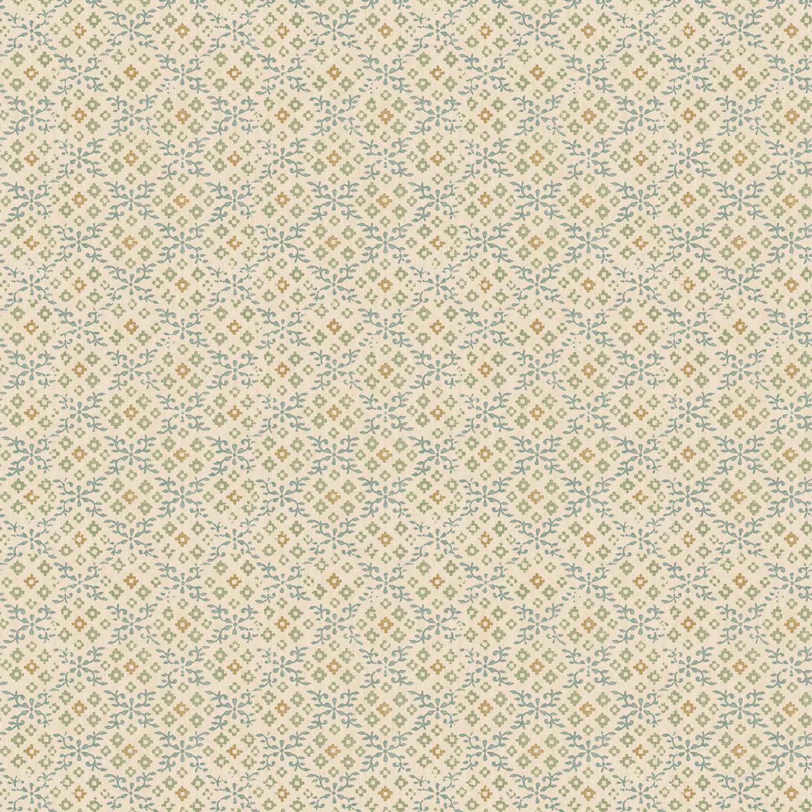 Pale cream wallpaper with muted aqua, terracotta and ochre geometric floral lattice