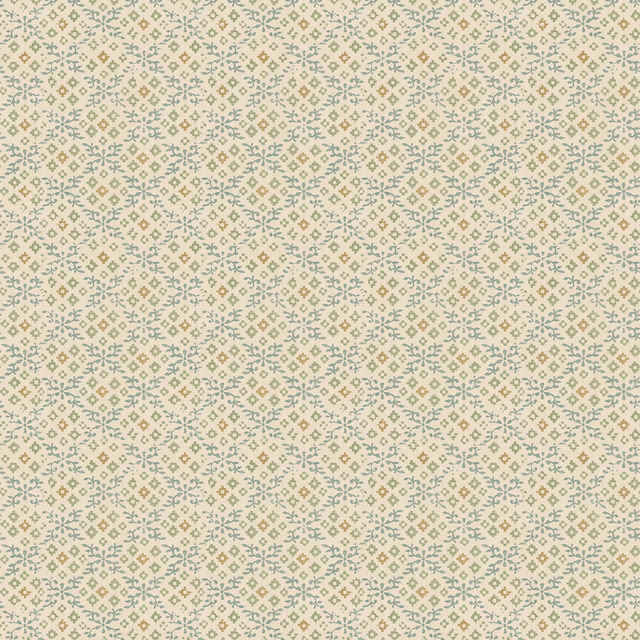 Pale cream wallpaper with muted aqua, terracotta and ochre geometric floral lattice