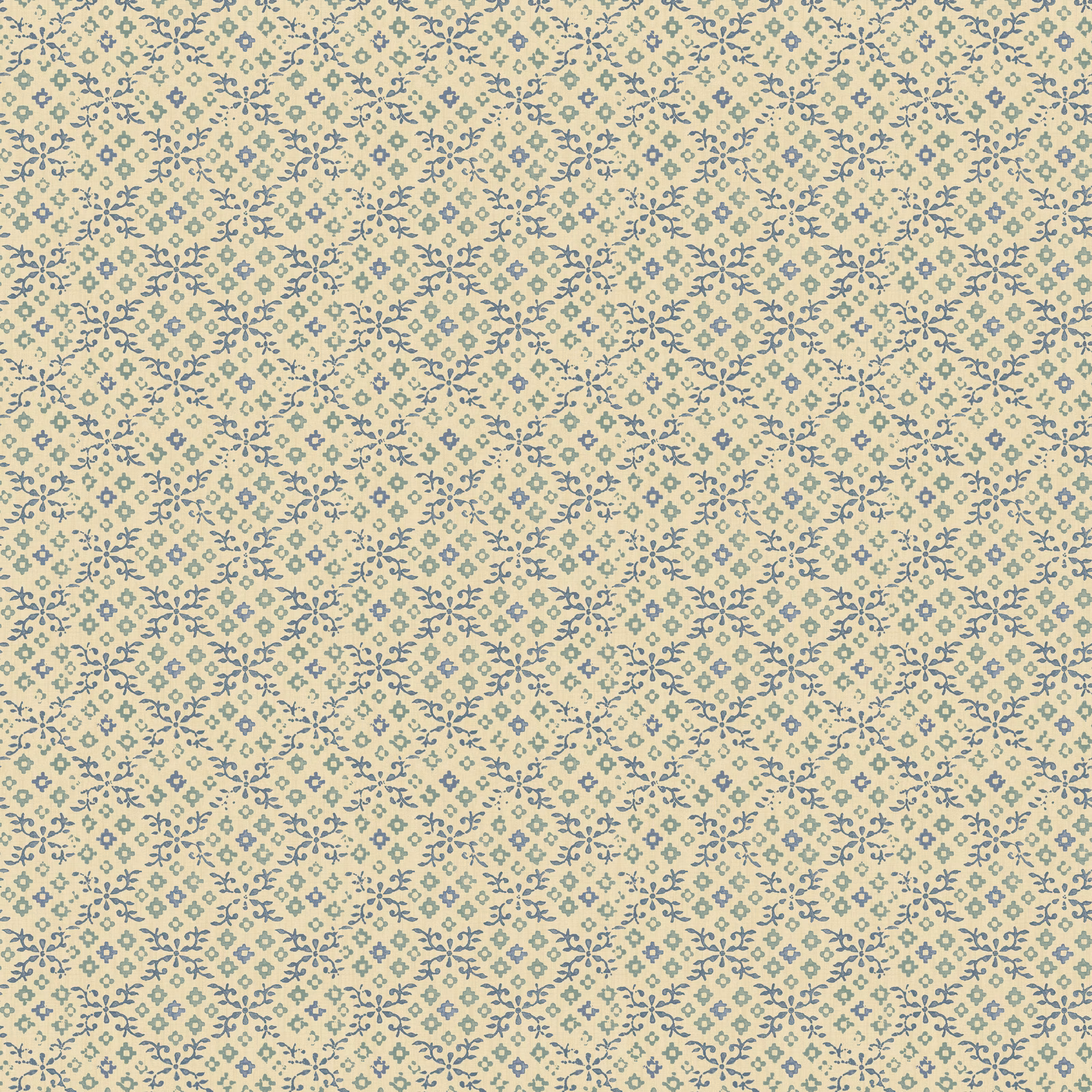 Pale cream wallpaper with a muted blue-grey floral lattice in a small repeat