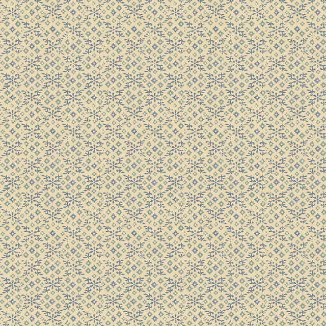 Pale cream wallpaper with a muted blue-grey floral lattice in a small repeat