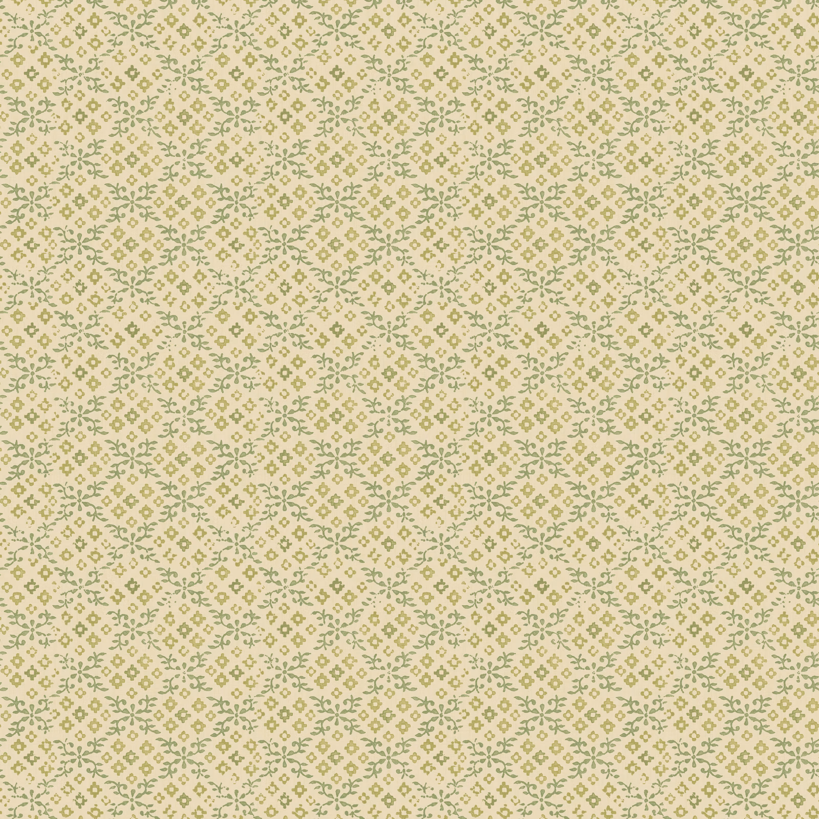 Pale cream wallpaper with a small muted sage botanical trellis pattern