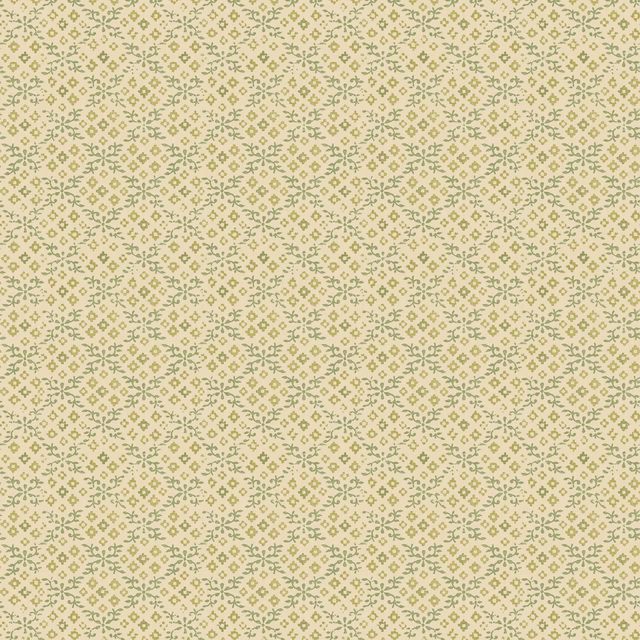 Pale cream wallpaper with a small muted sage botanical trellis pattern