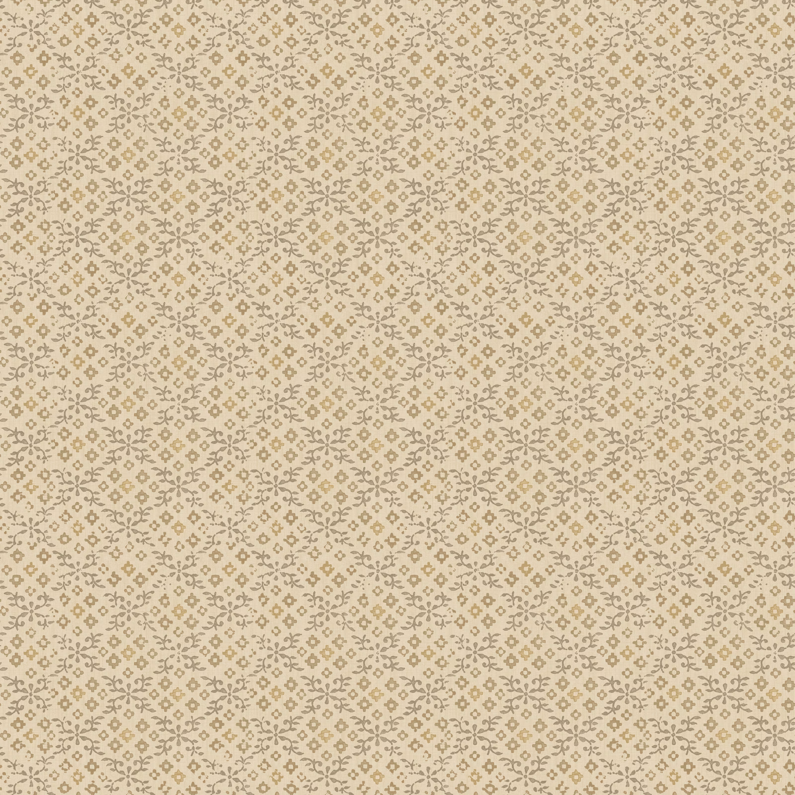 Warm parchment wallpaper with a fine taupe-grey geometric floral trellis