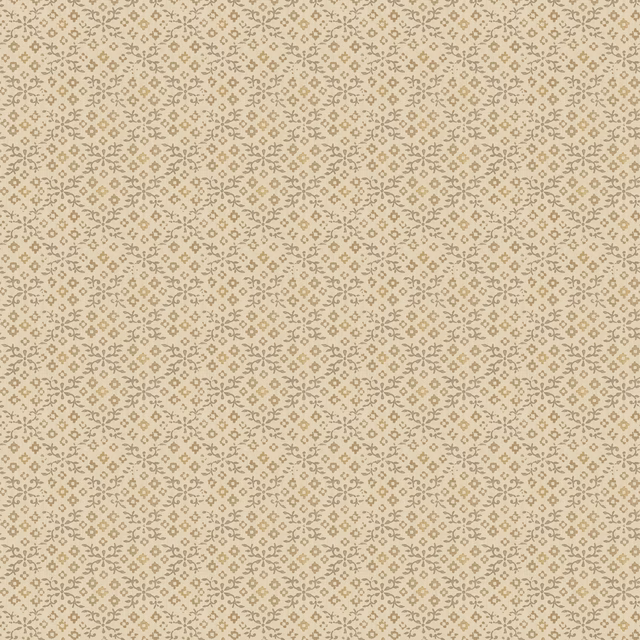 Warm parchment wallpaper with a fine taupe-grey geometric floral trellis