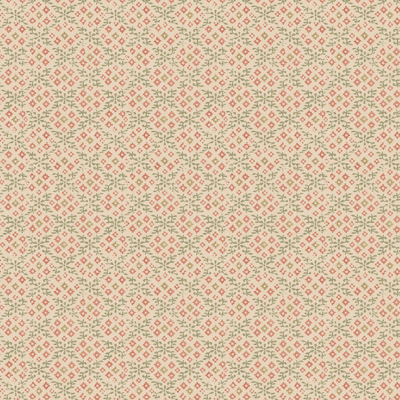 Cream wallpaper with tiny dusty-red flowers and muted-green leafy motifs