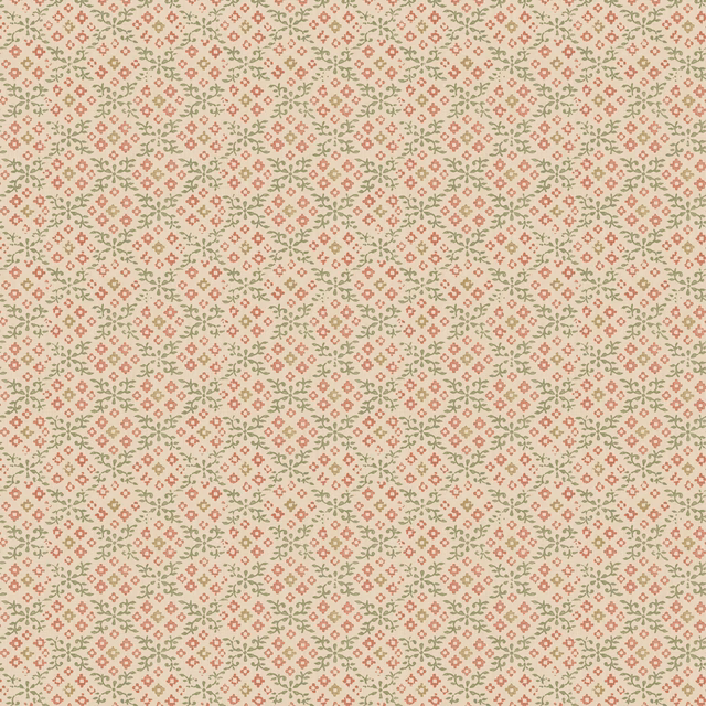 Cream wallpaper with tiny dusty-red flowers and muted-green leafy motifs