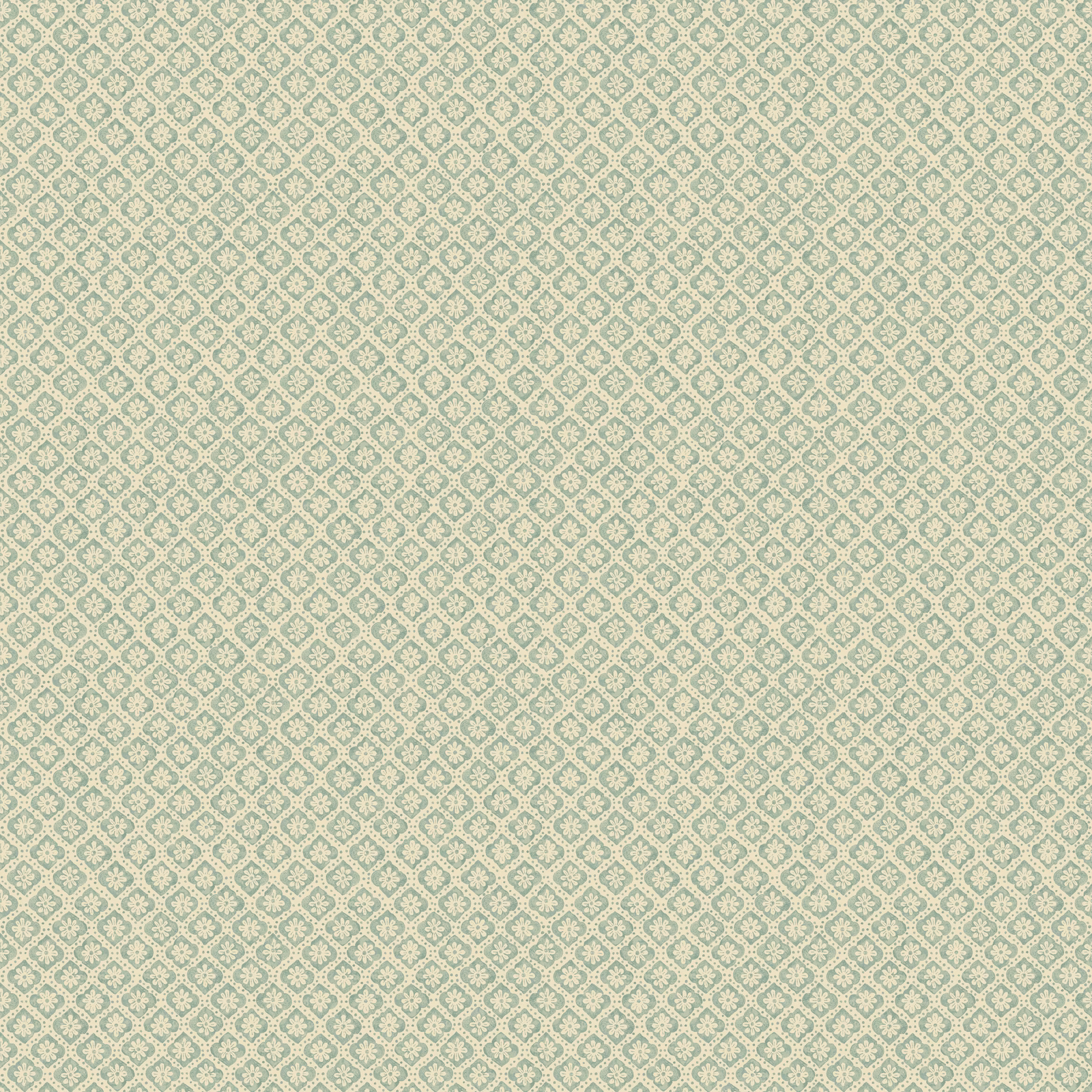 Pale aqua wallpaper with tiny cream and sage floral lattice motifs
