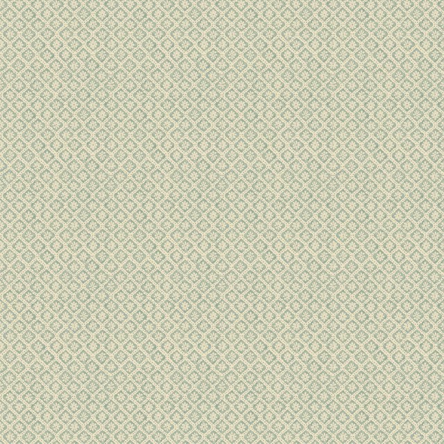 Pale aqua wallpaper with tiny cream and sage floral lattice motifs