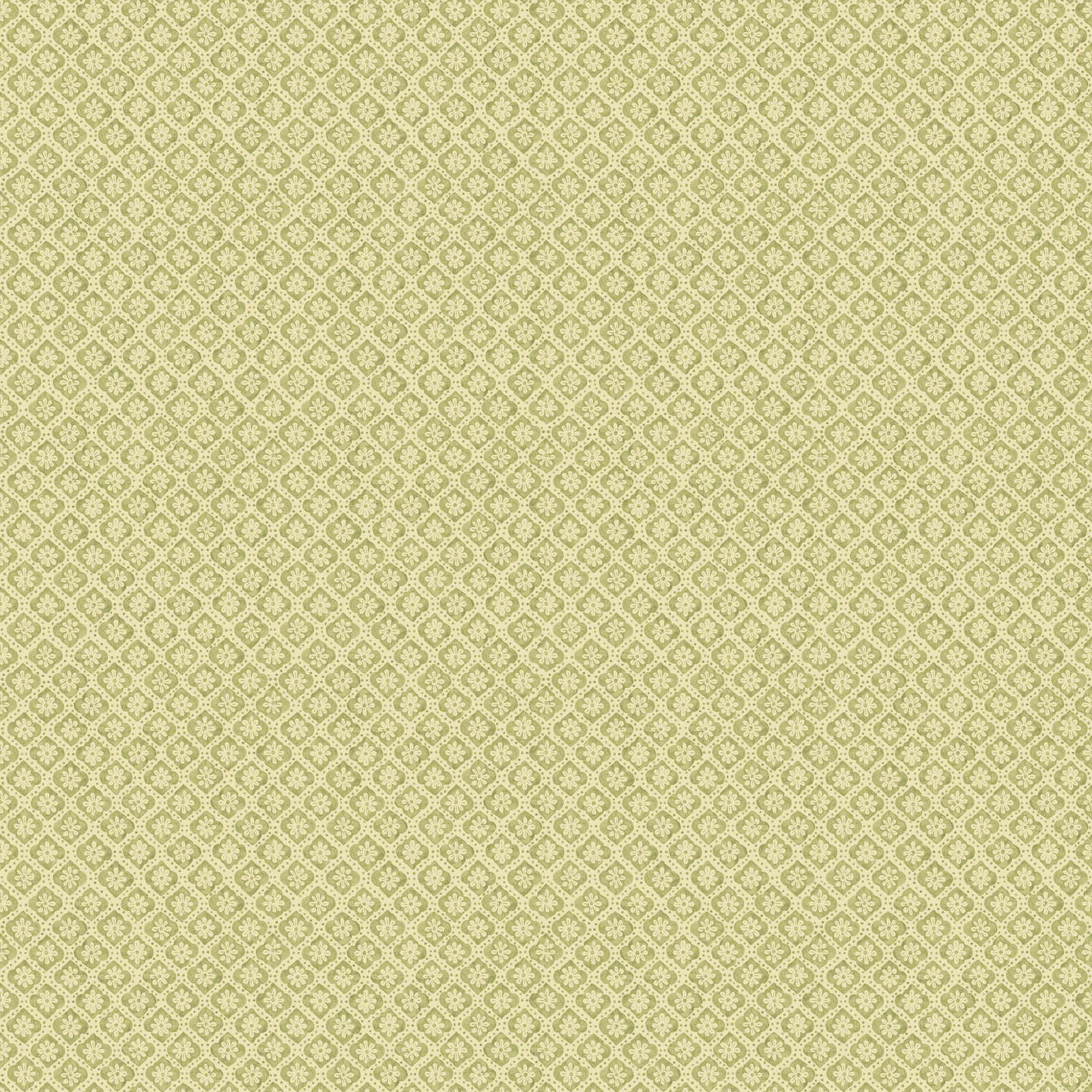 Muted olive green wallpaper with tiny cream diamond flowers in a close lattice