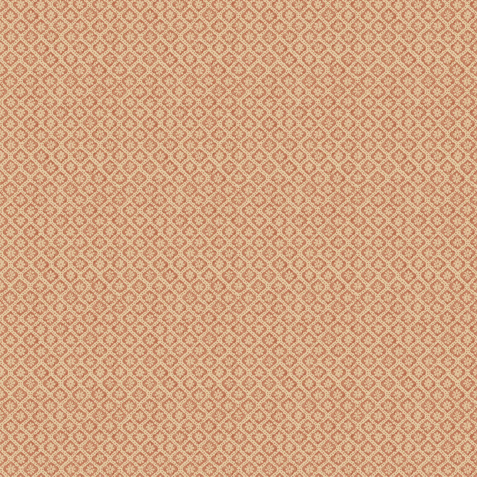 Dusty soft red wallpaper with tiny cream floral diamonds in a tight repeat