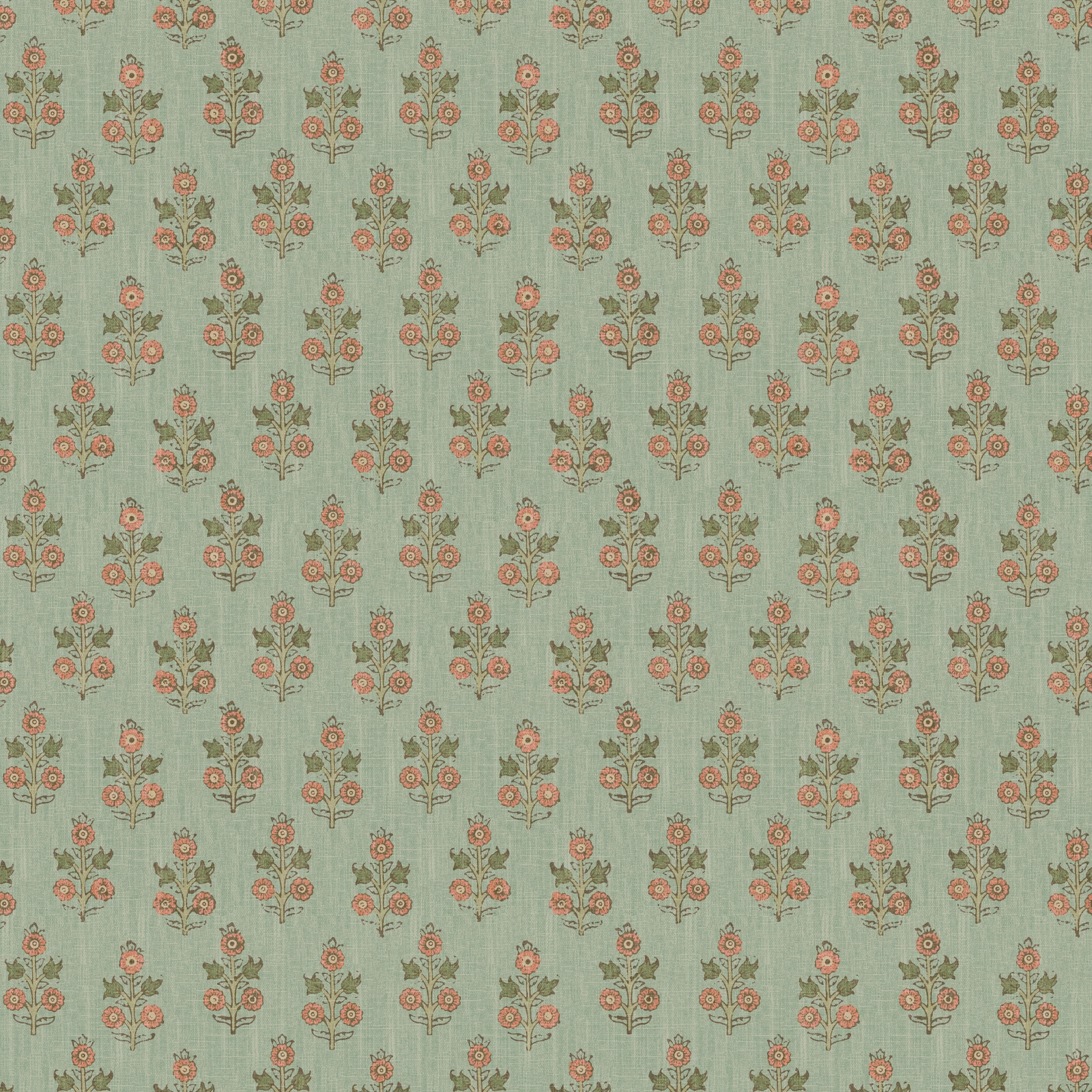Muted aqua wallpaper with repeated blush floral sprigs and fine vertical texture