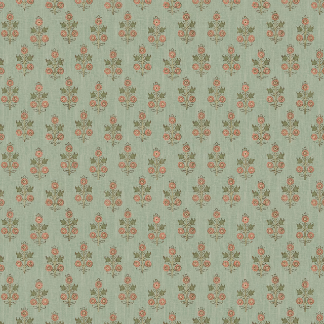 Muted aqua wallpaper with repeated blush floral sprigs and fine vertical texture