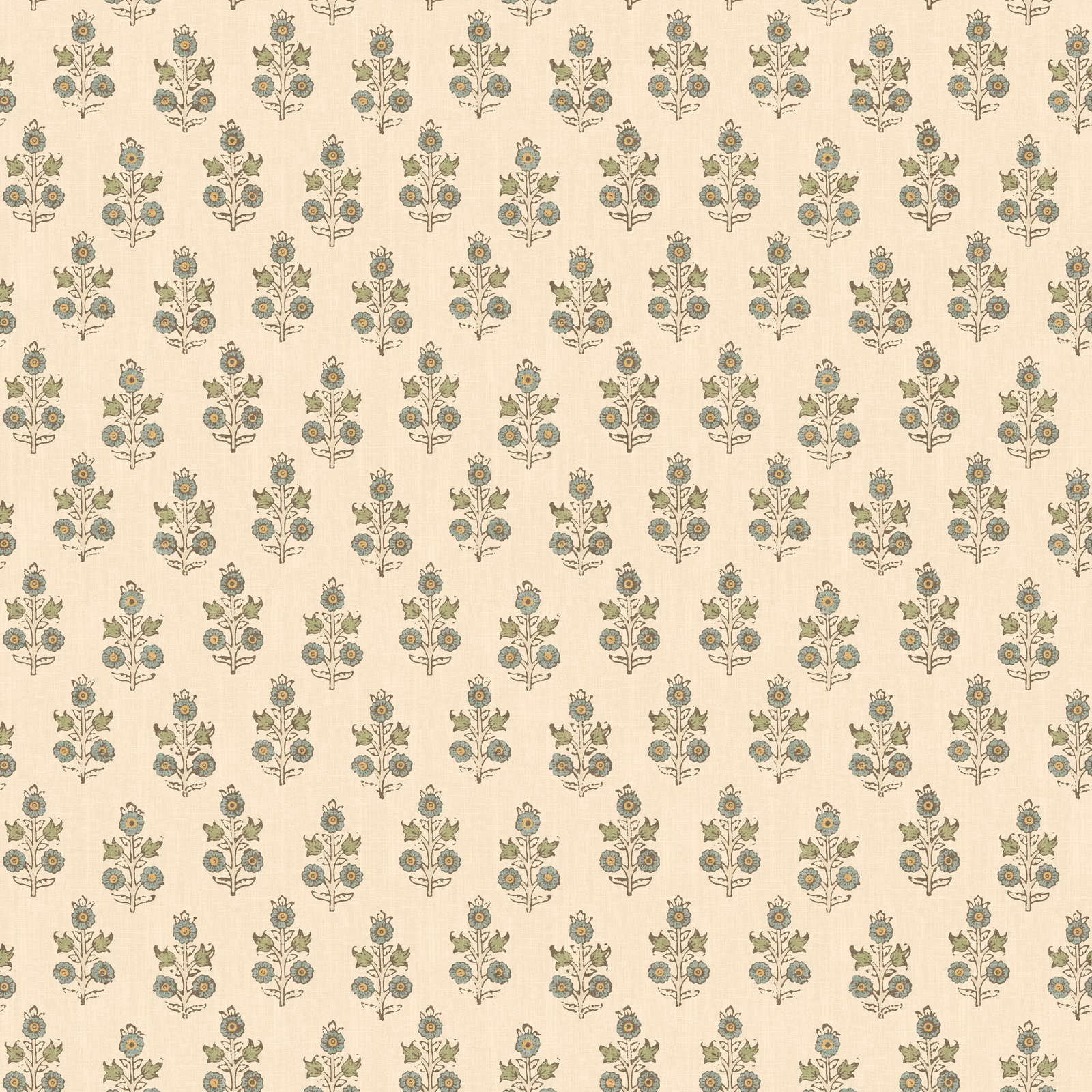 Cream wallpaper with small muted aqua, sage and taupe botanical sprigs