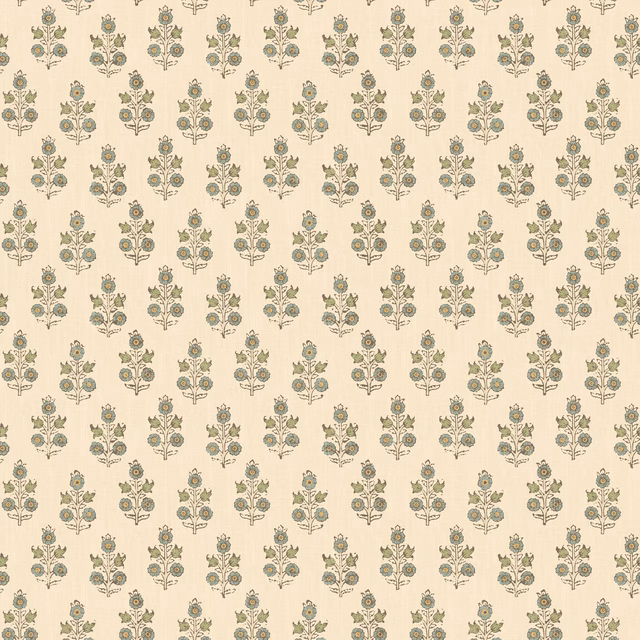 Cream wallpaper with small muted aqua, sage and taupe botanical sprigs
