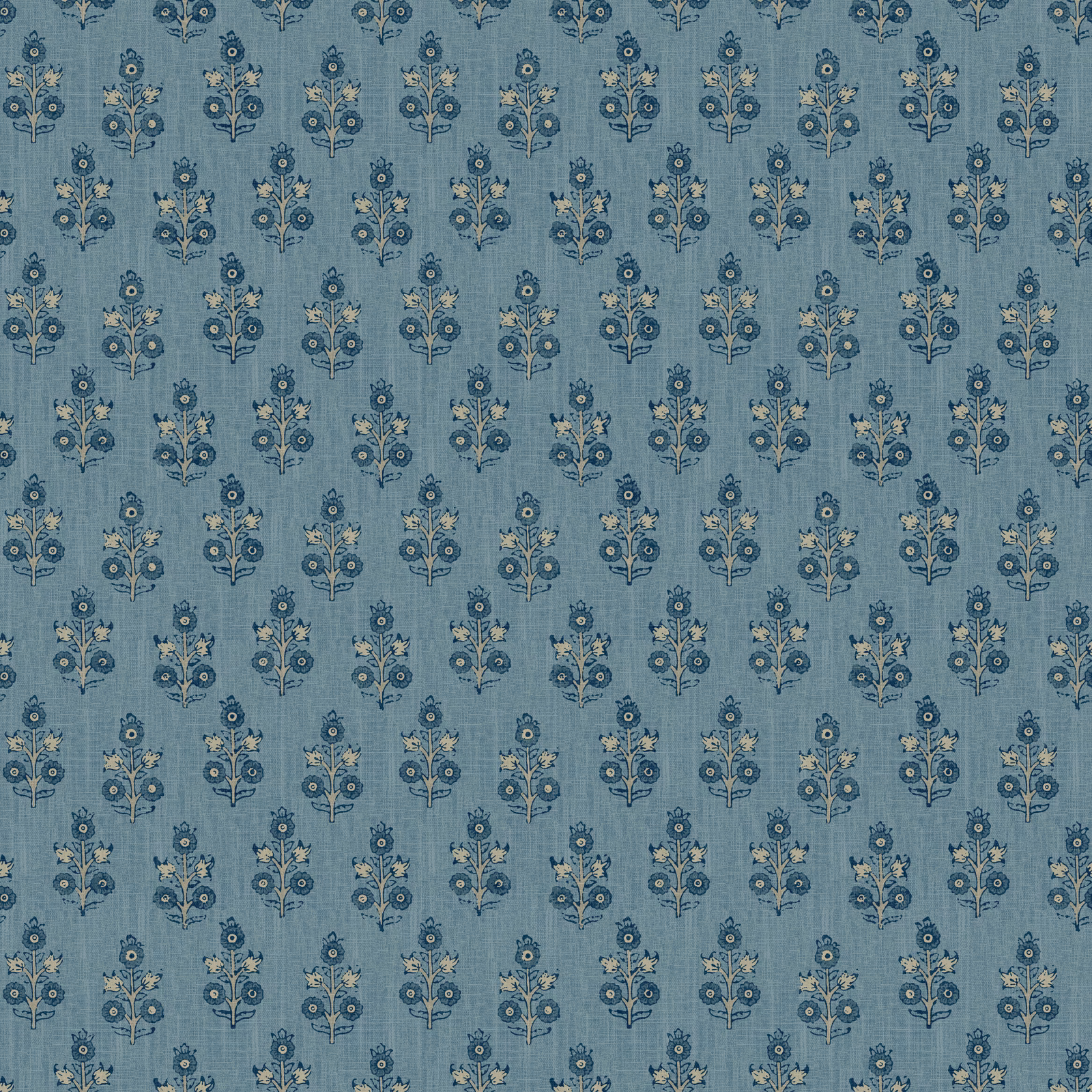 Muted blue wallpaper with repeating navy floral sprigs and small ochre accents