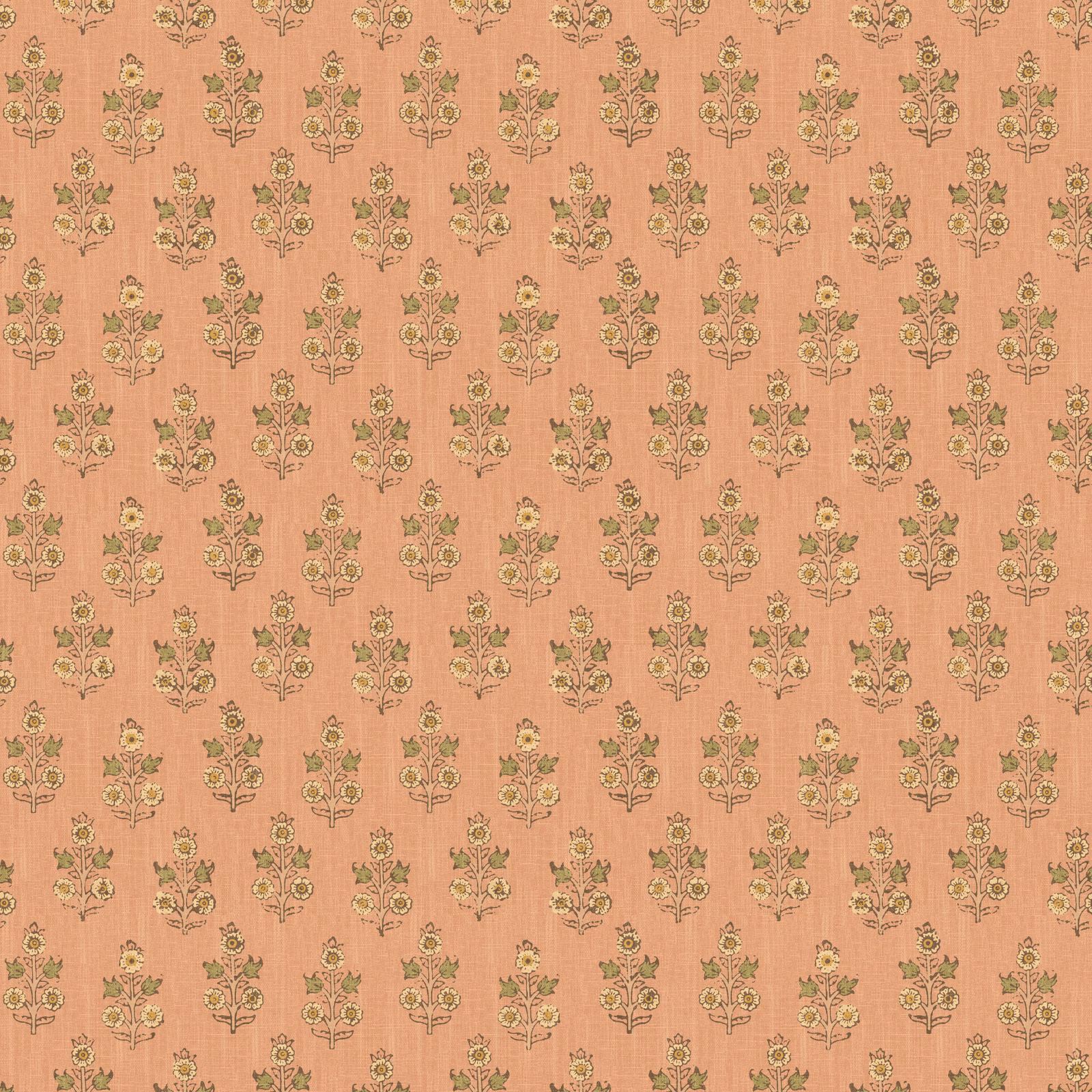 Dusty blush wallpaper with repeating small olive and yellow botanical sprigs