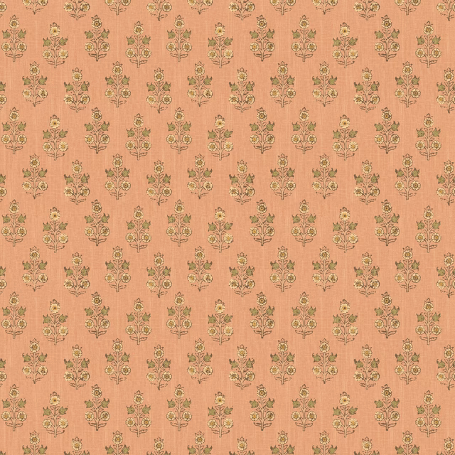 Dusty blush wallpaper with repeating small olive and yellow botanical sprigs