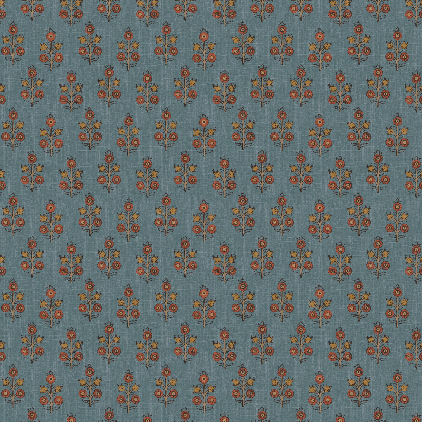 Muted denim-blue wallpaper with rust and ochre floral sprigs in a small repeat