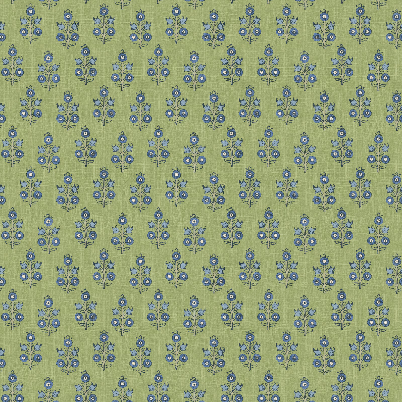 Muted green wallpaper with repeated blue floral sprigs and a softly mottled ground