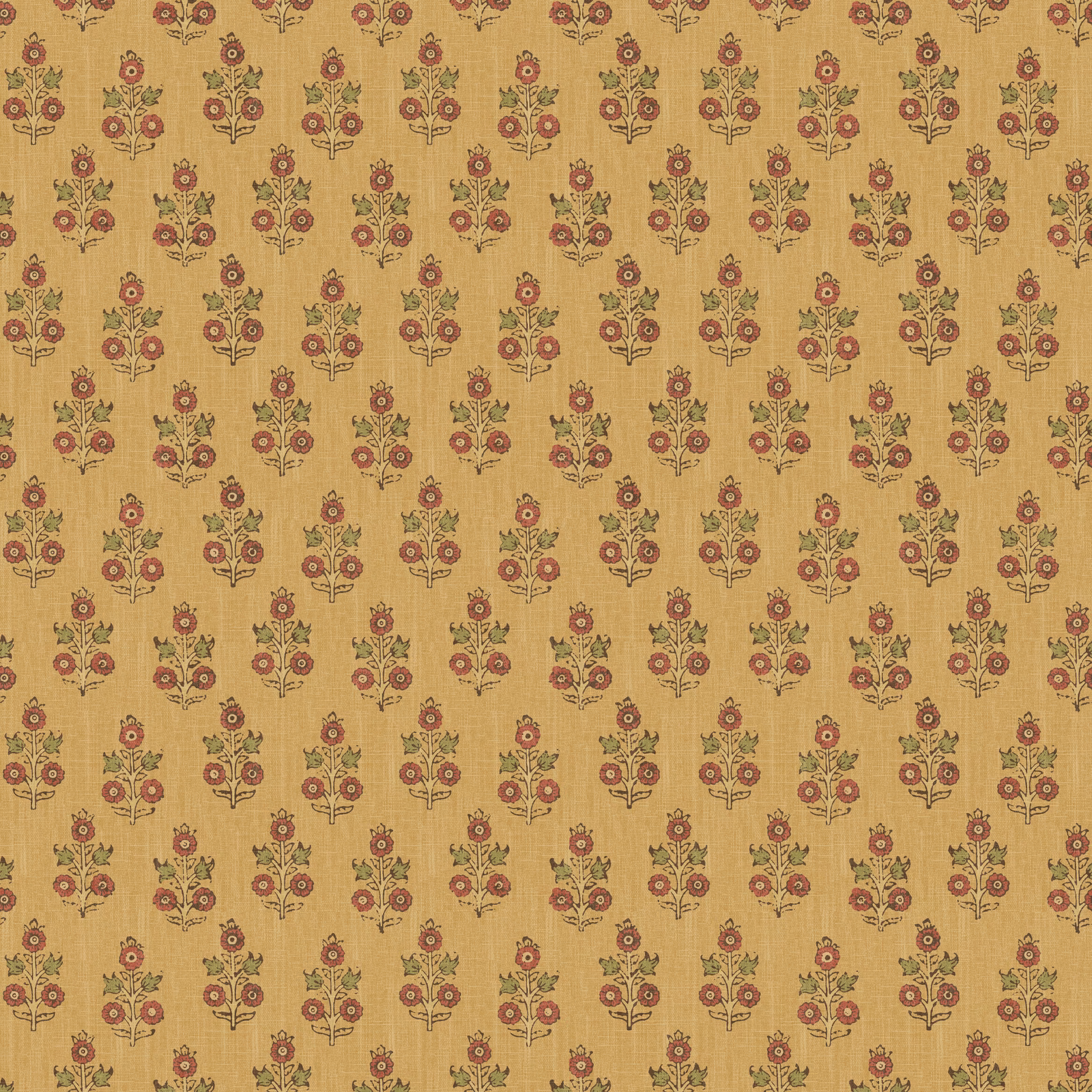 Ochre wallpaper with repeating rust-red poppy sprigs and olive leaves